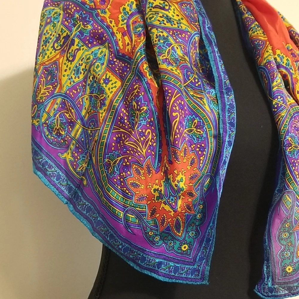 Vintage 100% Silk Vibrant Multicolor Paisley Square Scarf Art To Wear Artsy